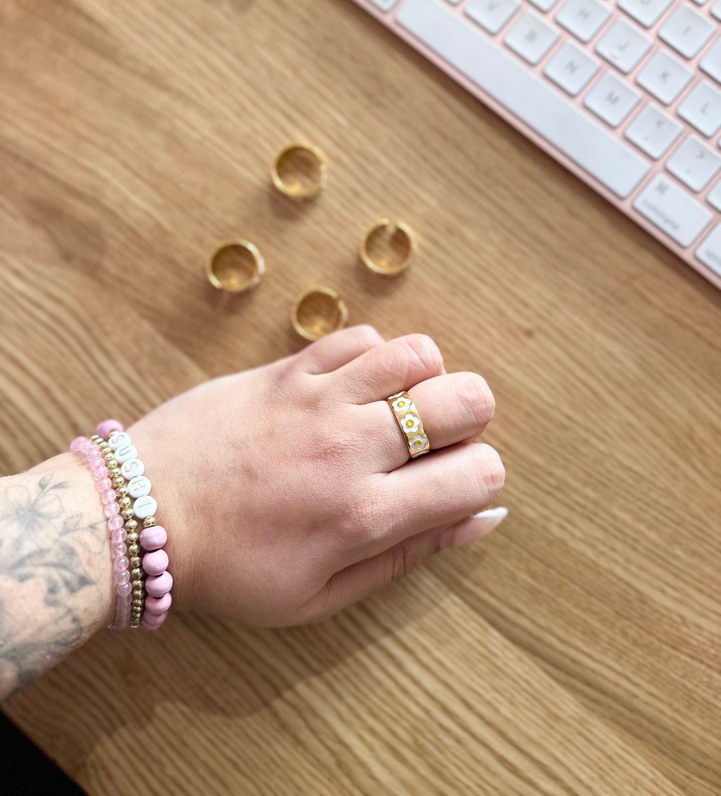 24k Shiny Gold Plated white enamel adjustable daisy flower rings