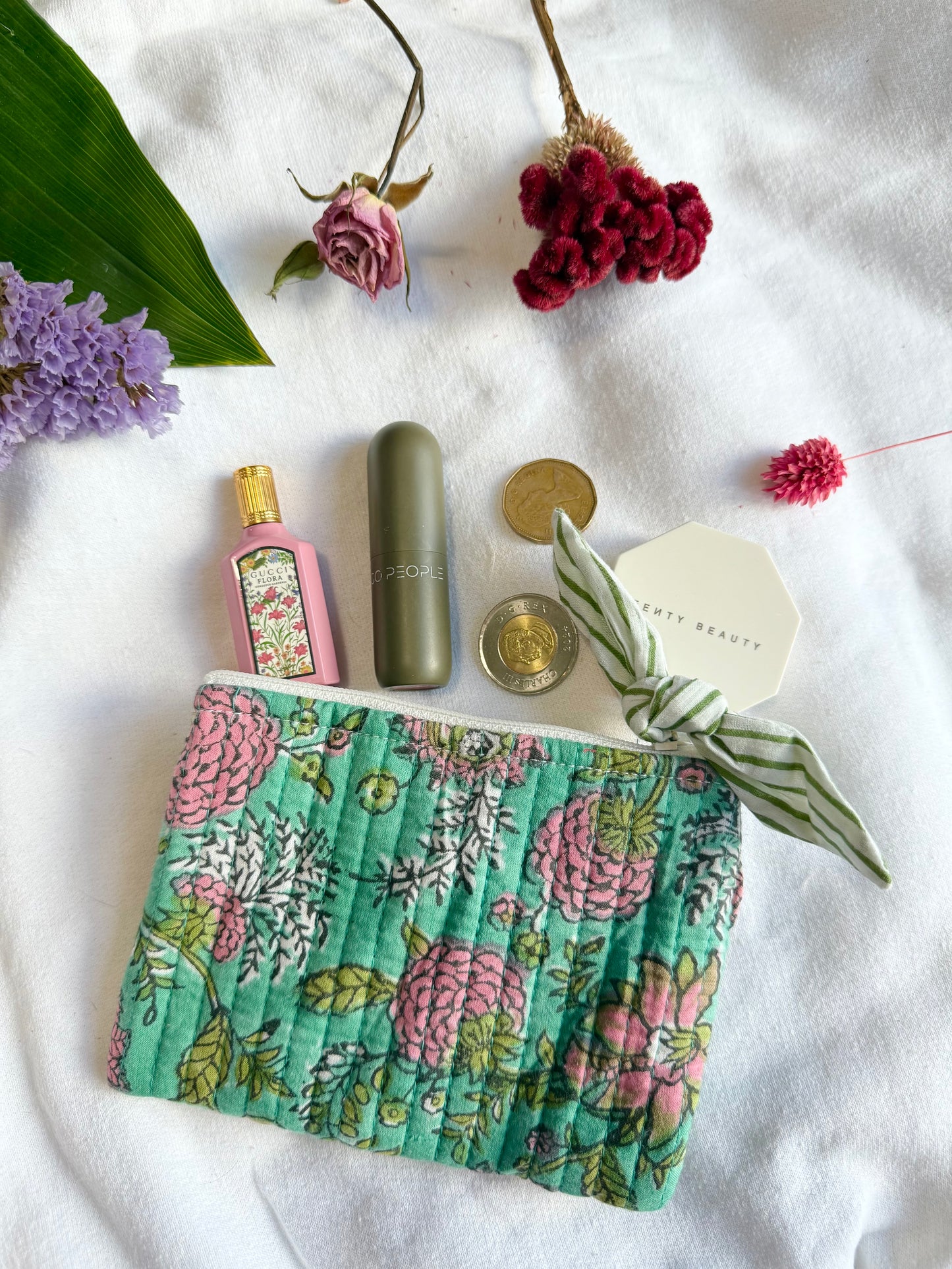 Blockprint quilted pouches with ribbon