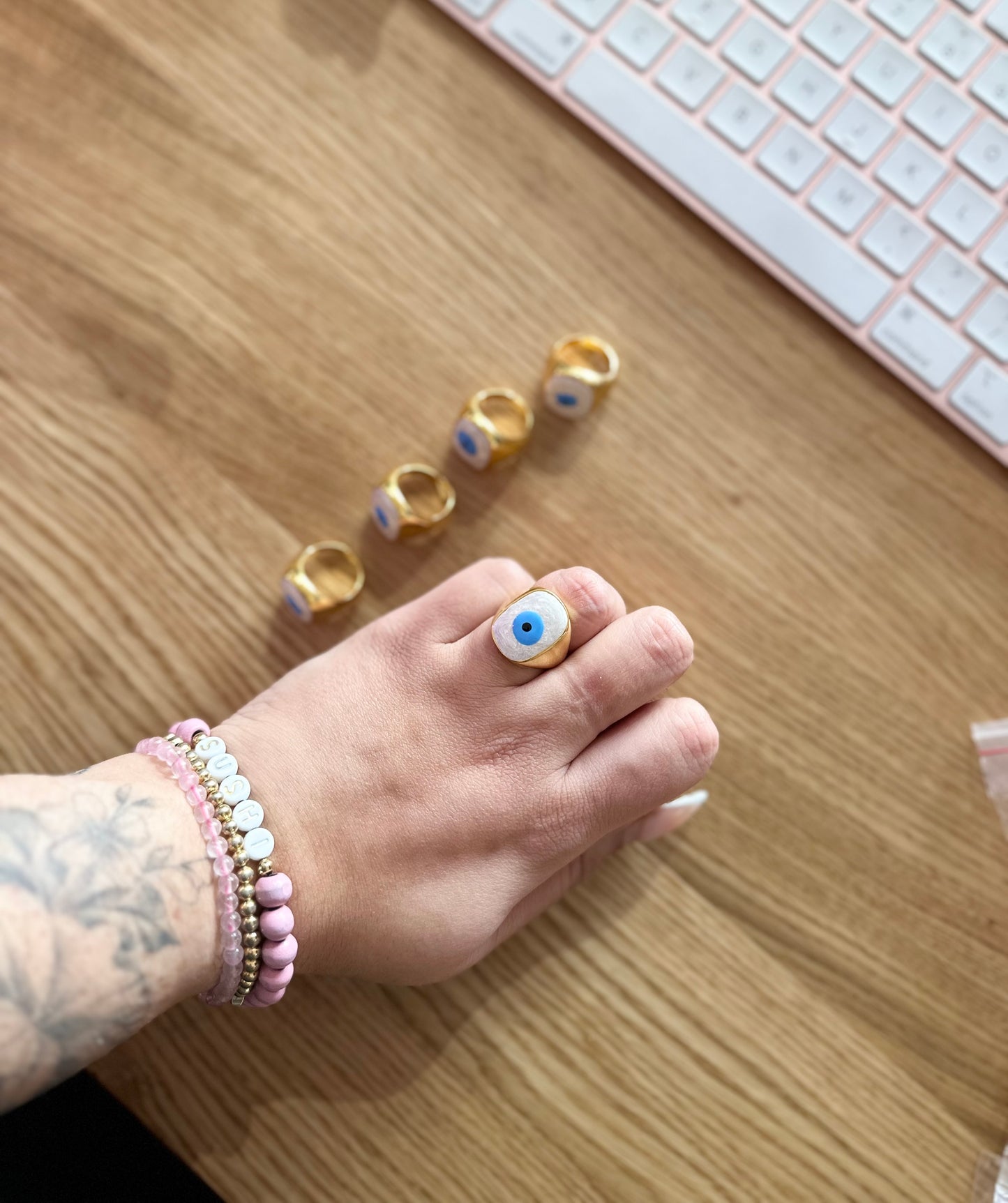 24k Shiny gold square ring with white enamel evil eye rings