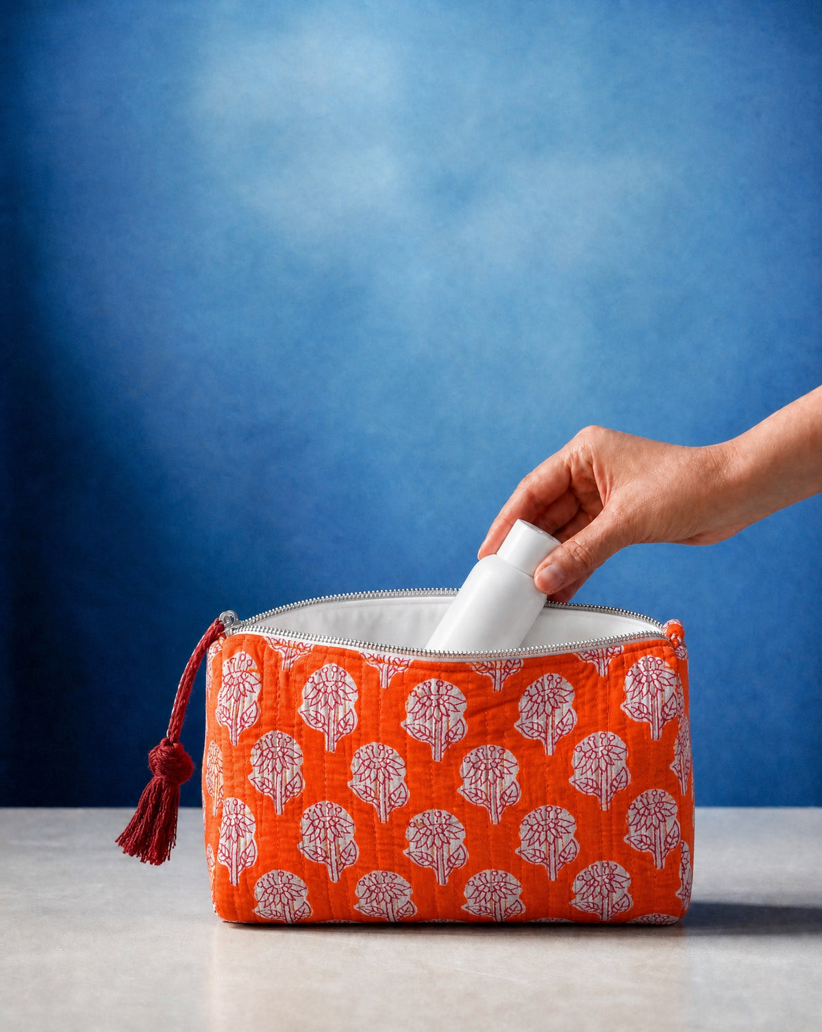 Handmade and block printed toiletry bag