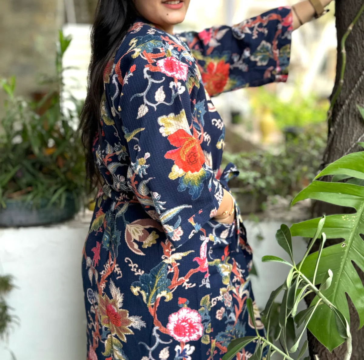 Handmade block printed waffle cotton bath robe