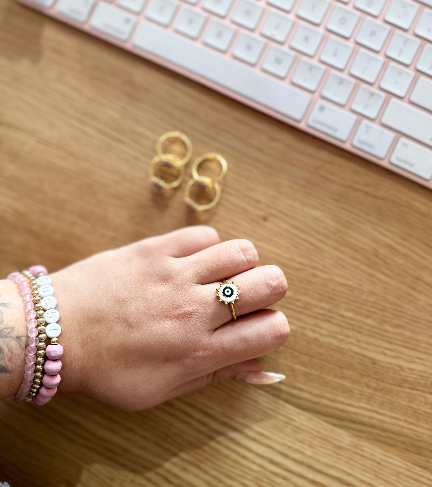 Adjustable 24k Shiny Gold Rings White Enamel Evil Eye Rings