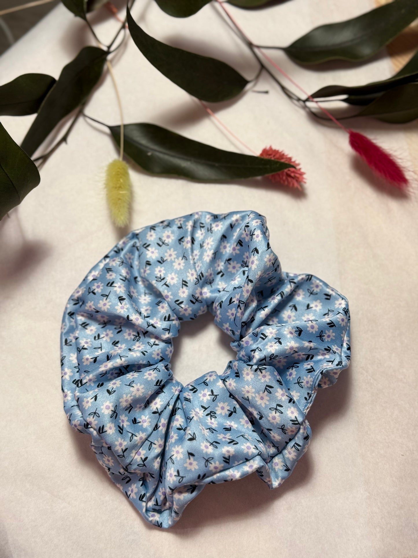 Blue Garden silk satin scrunchies