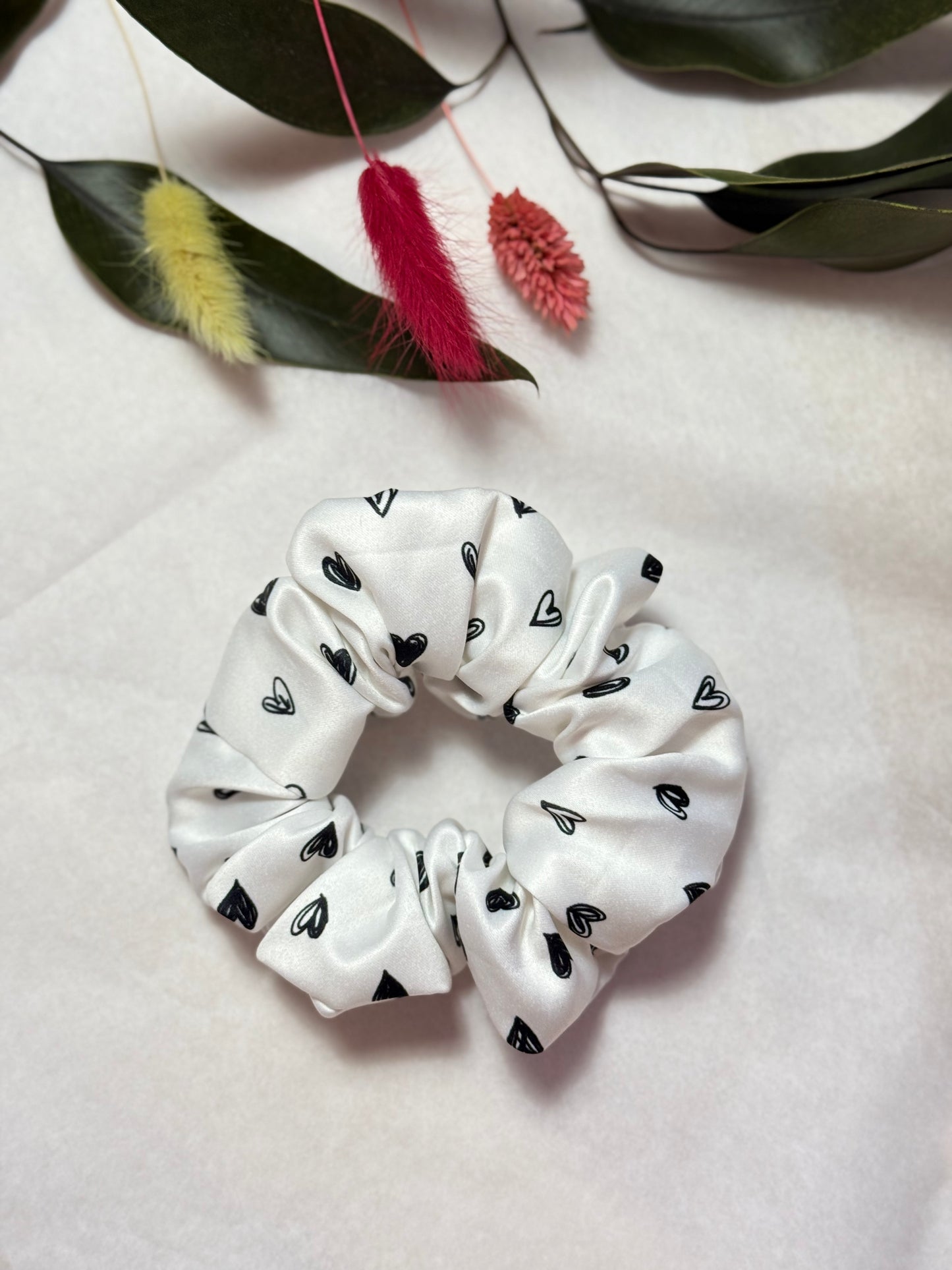 Black and White hearts Satin Scrunchies