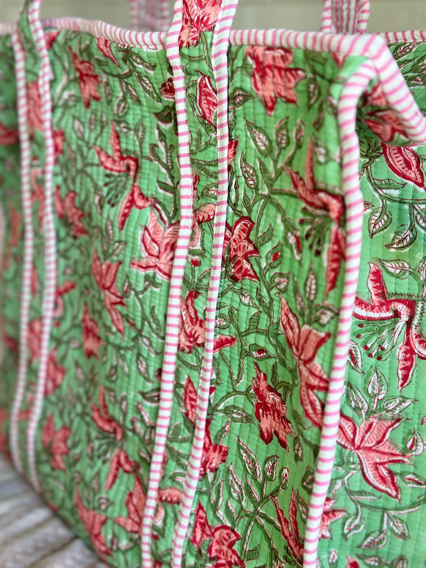 Handmade block printed, quilted tote bags.