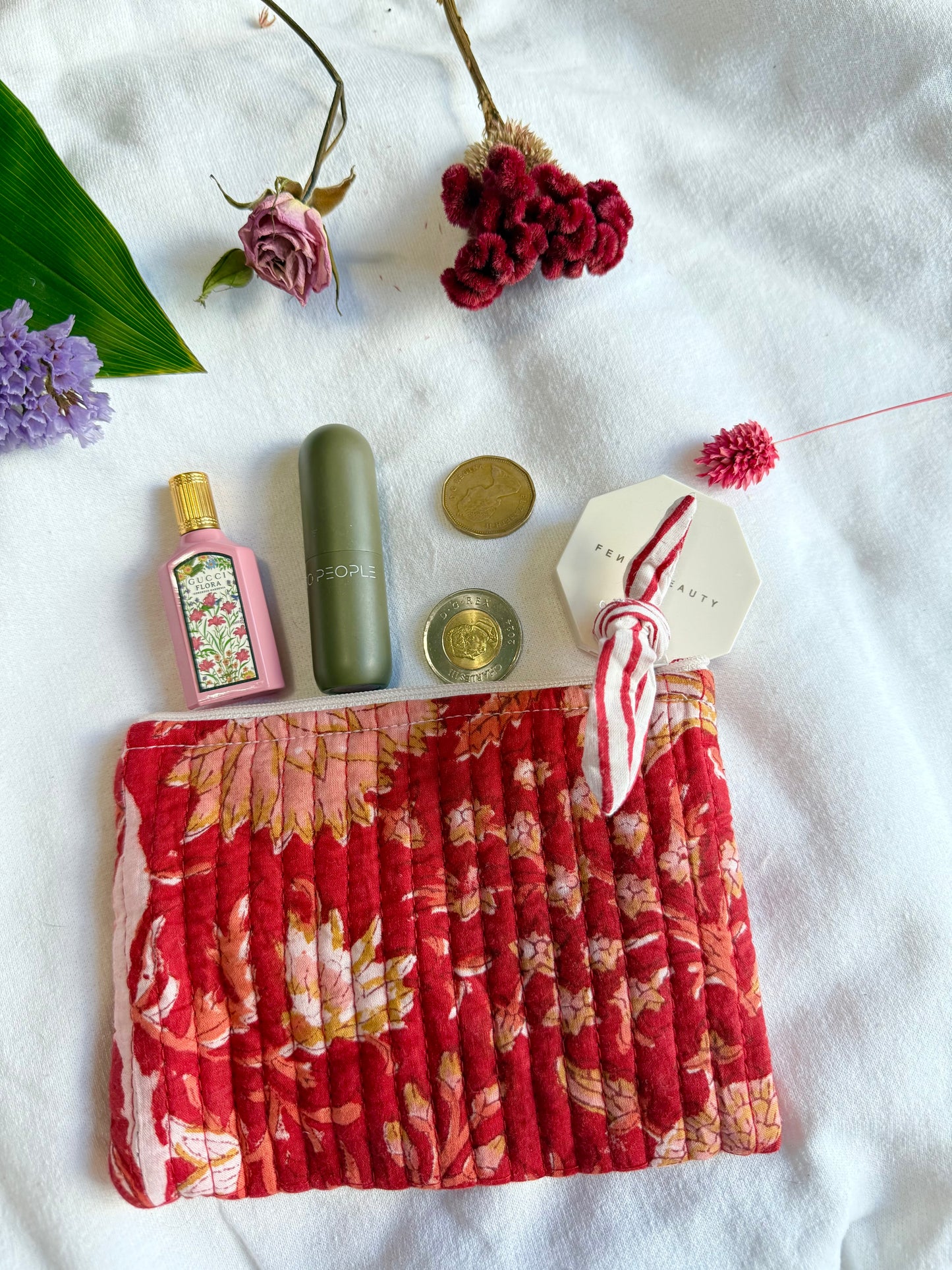 Blockprint quilted pouches with ribbon