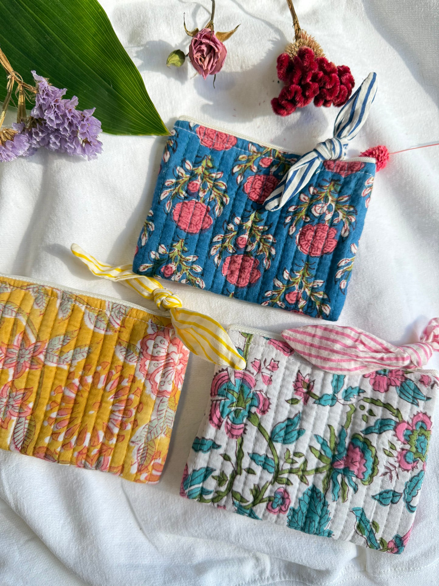 Blockprint quilted pouches with ribbon