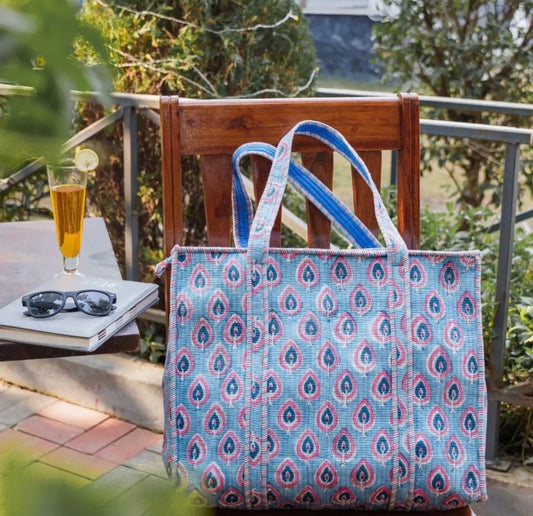 Handmade block printed, quilted tote bags