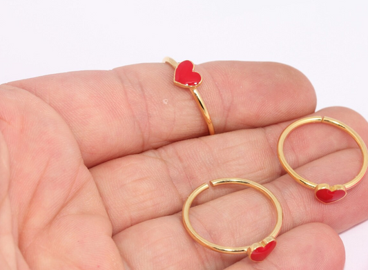 24k gold plated, red enamel, brass adjustable heart ring