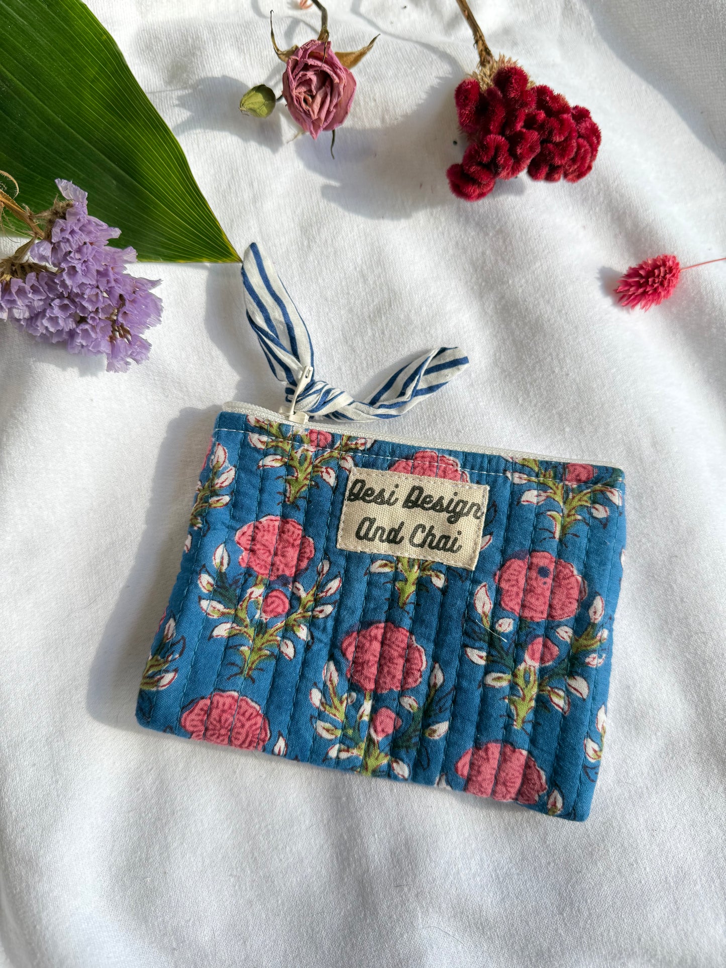 Blockprint quilted pouches with ribbon