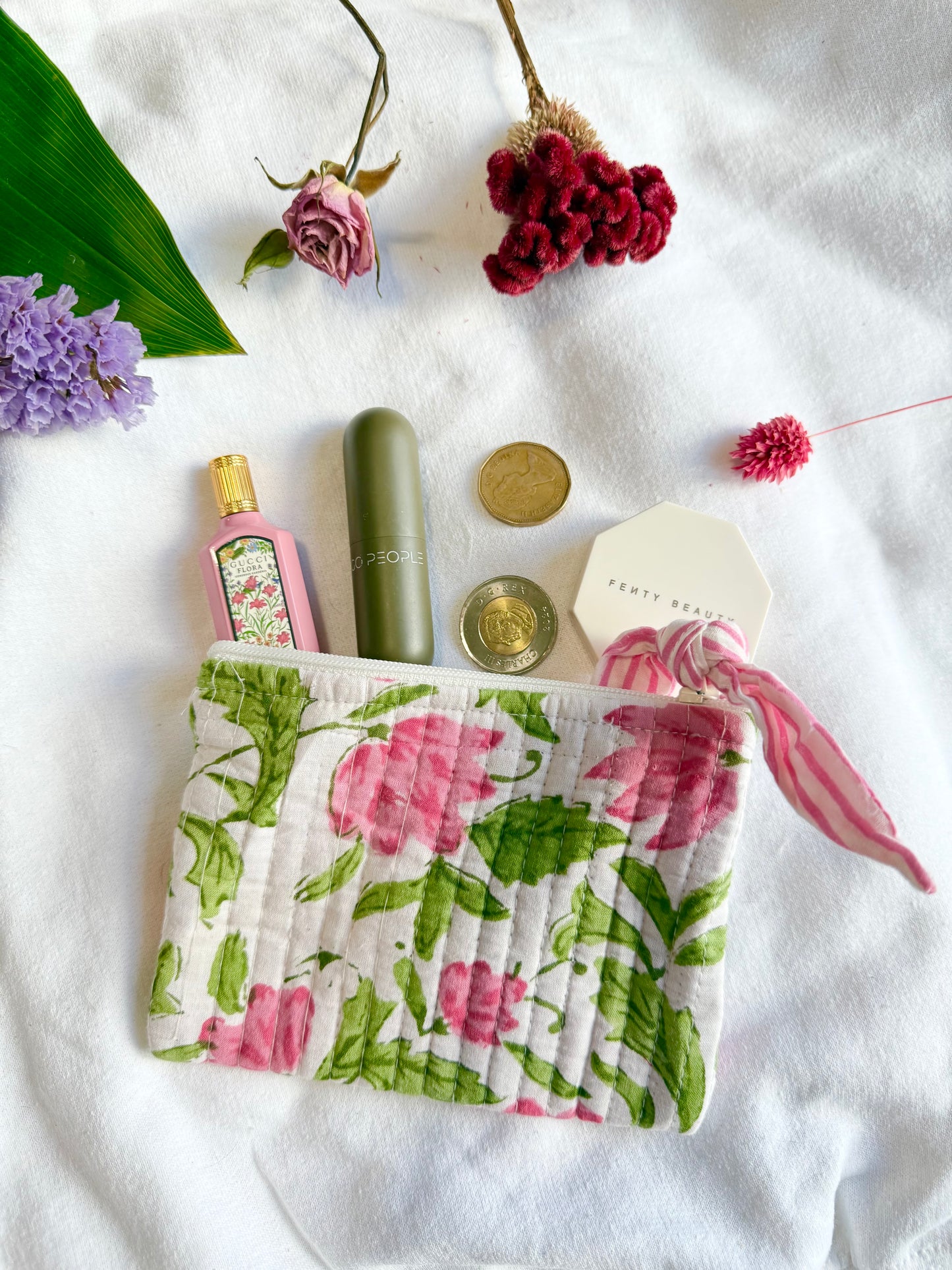 Blockprint quilted pouches with ribbon