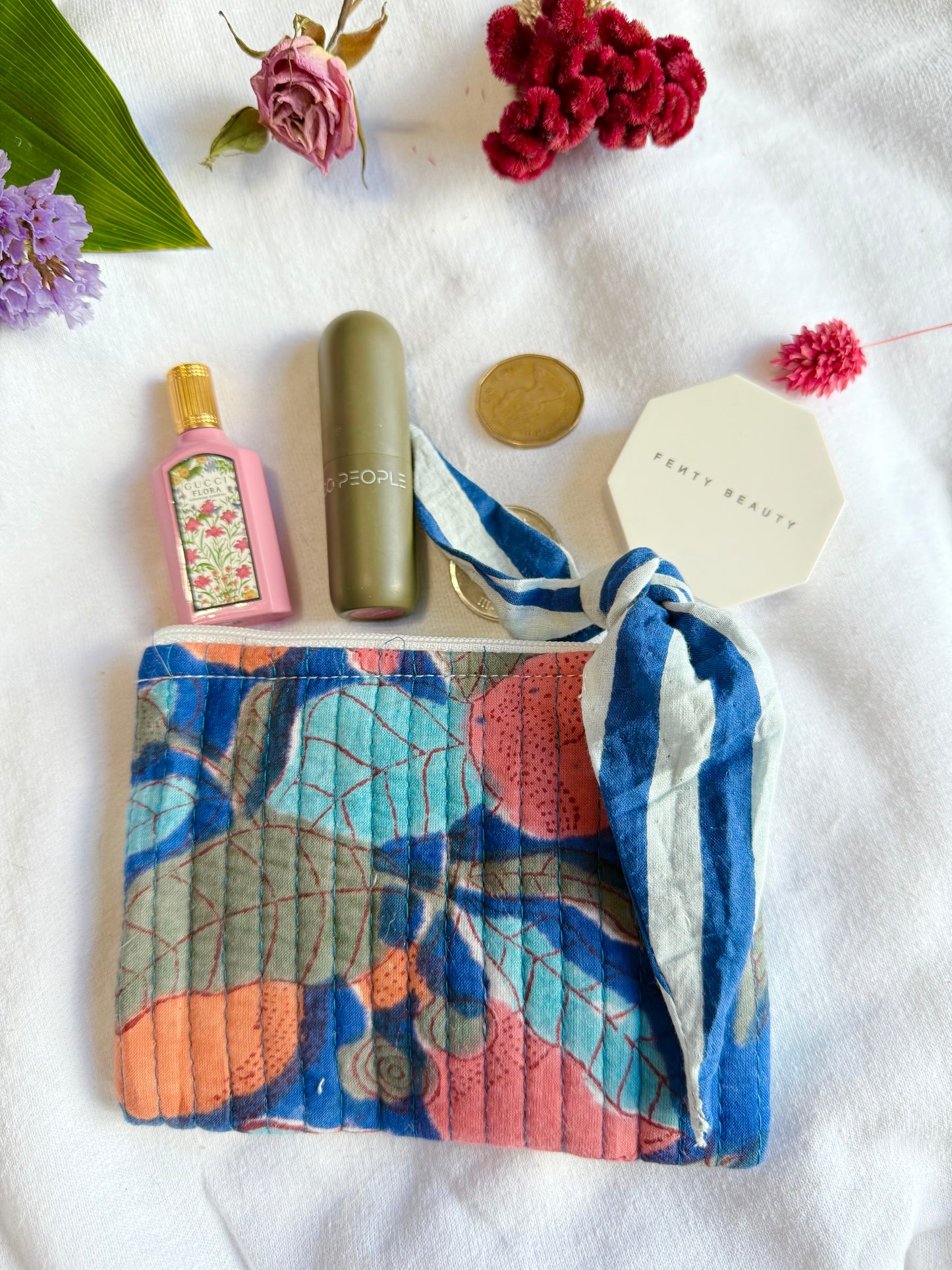 Blockprint quilted pouches with ribbon