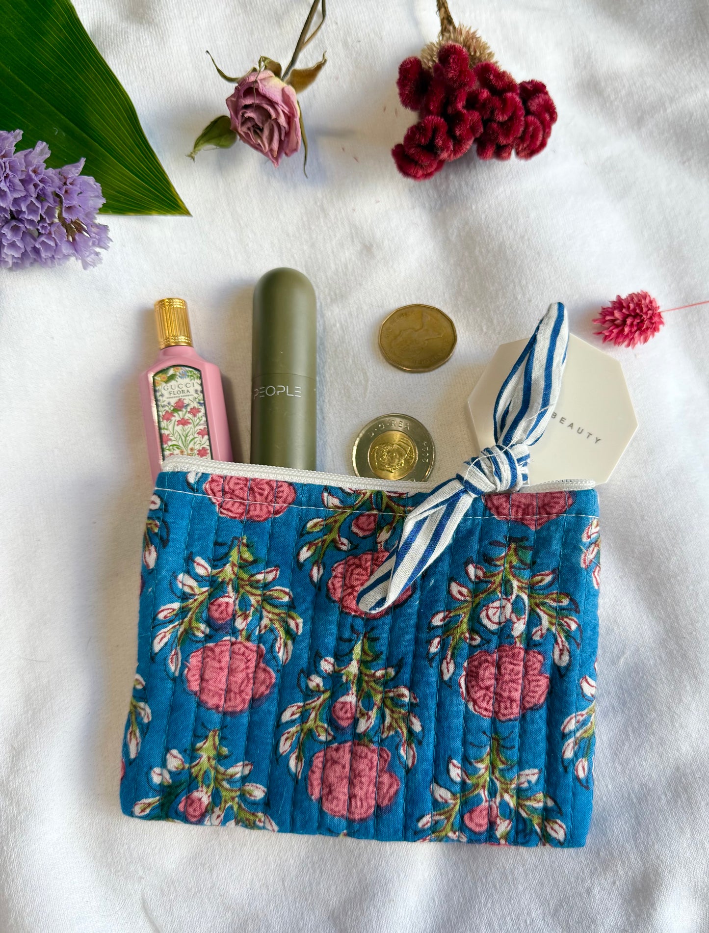 Blockprint quilted pouches with ribbon
