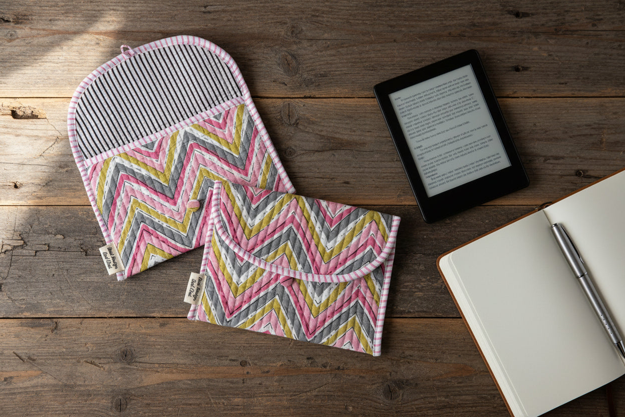 Blockprint ebook reader, journal, keys and accessories button pouch / sleeve