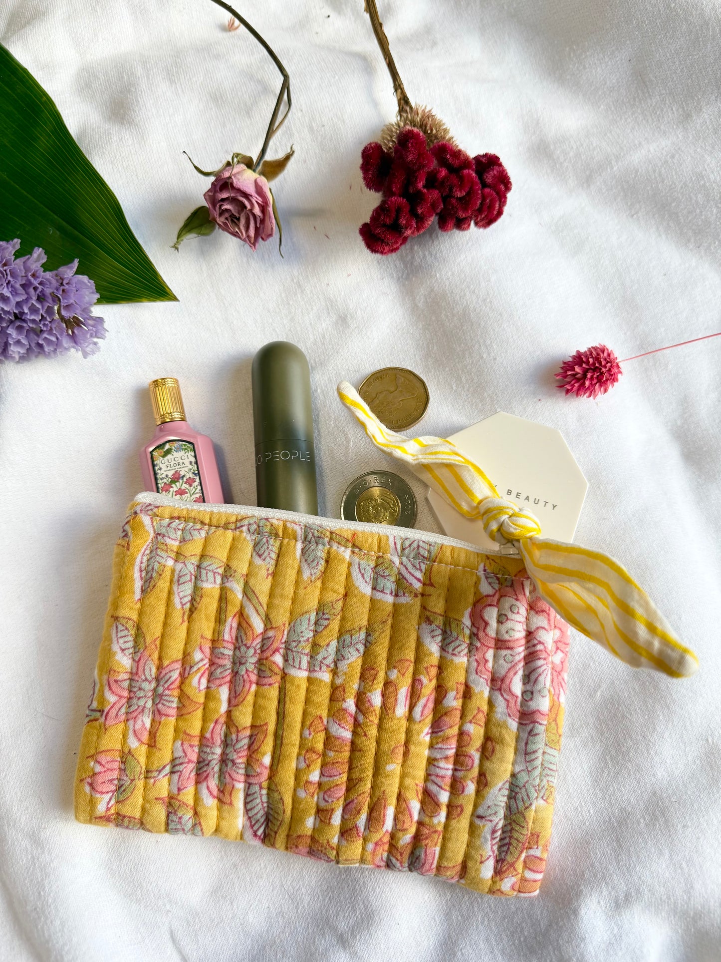 Blockprint quilted pouches with ribbon