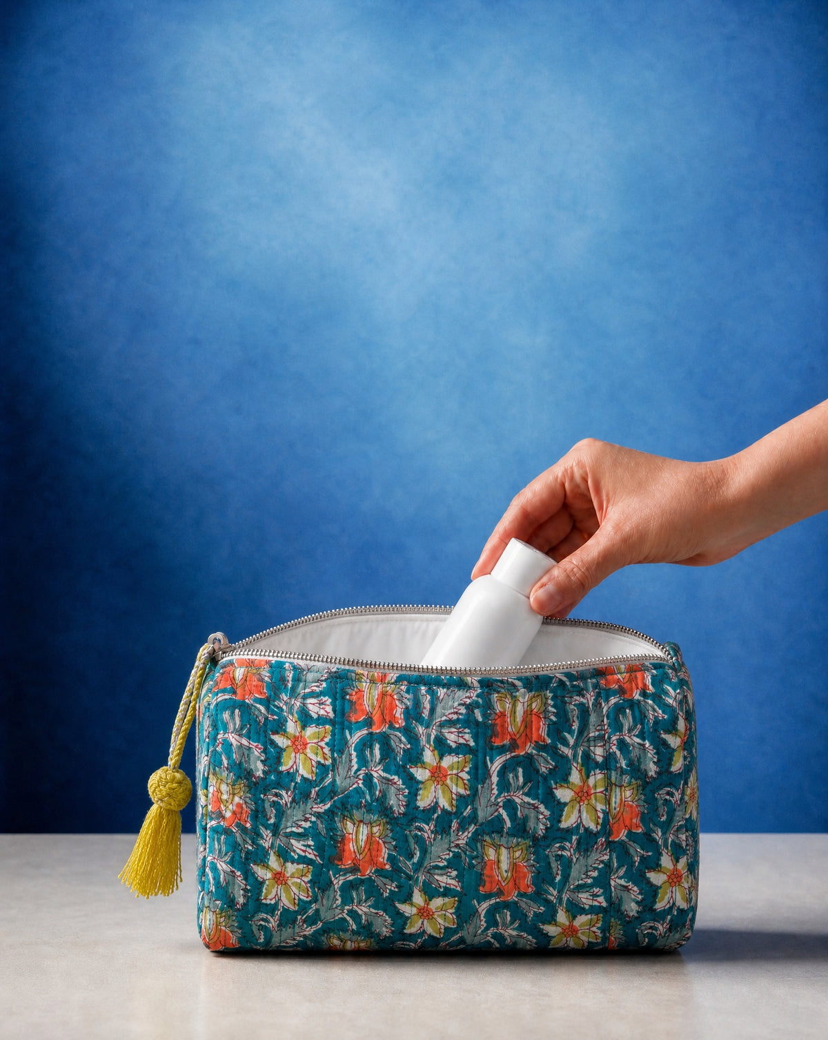 Handmade and block printed toiletry bag