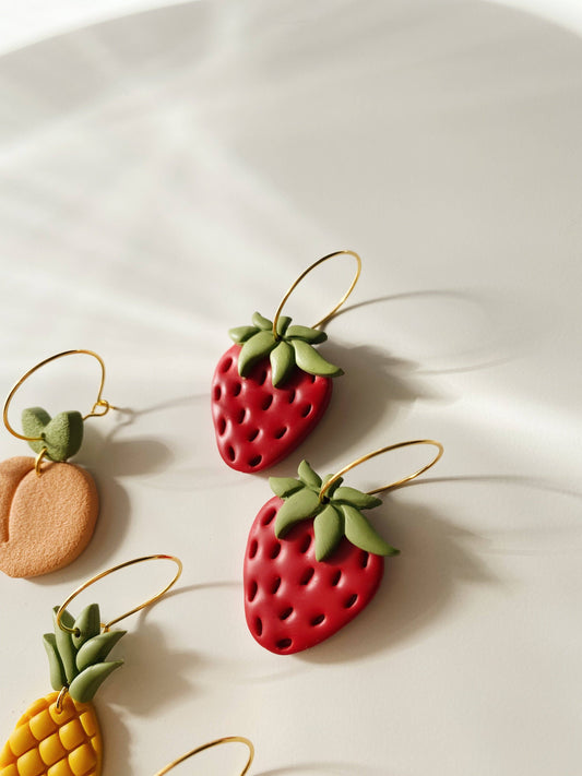 SageClayCo - Strawberry Hoops - Polymer Clay Earrings