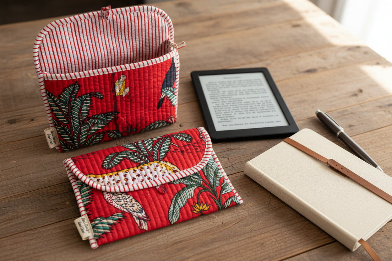 Blockprint ebook reader, journal, keys and accessories button pouch / sleeve