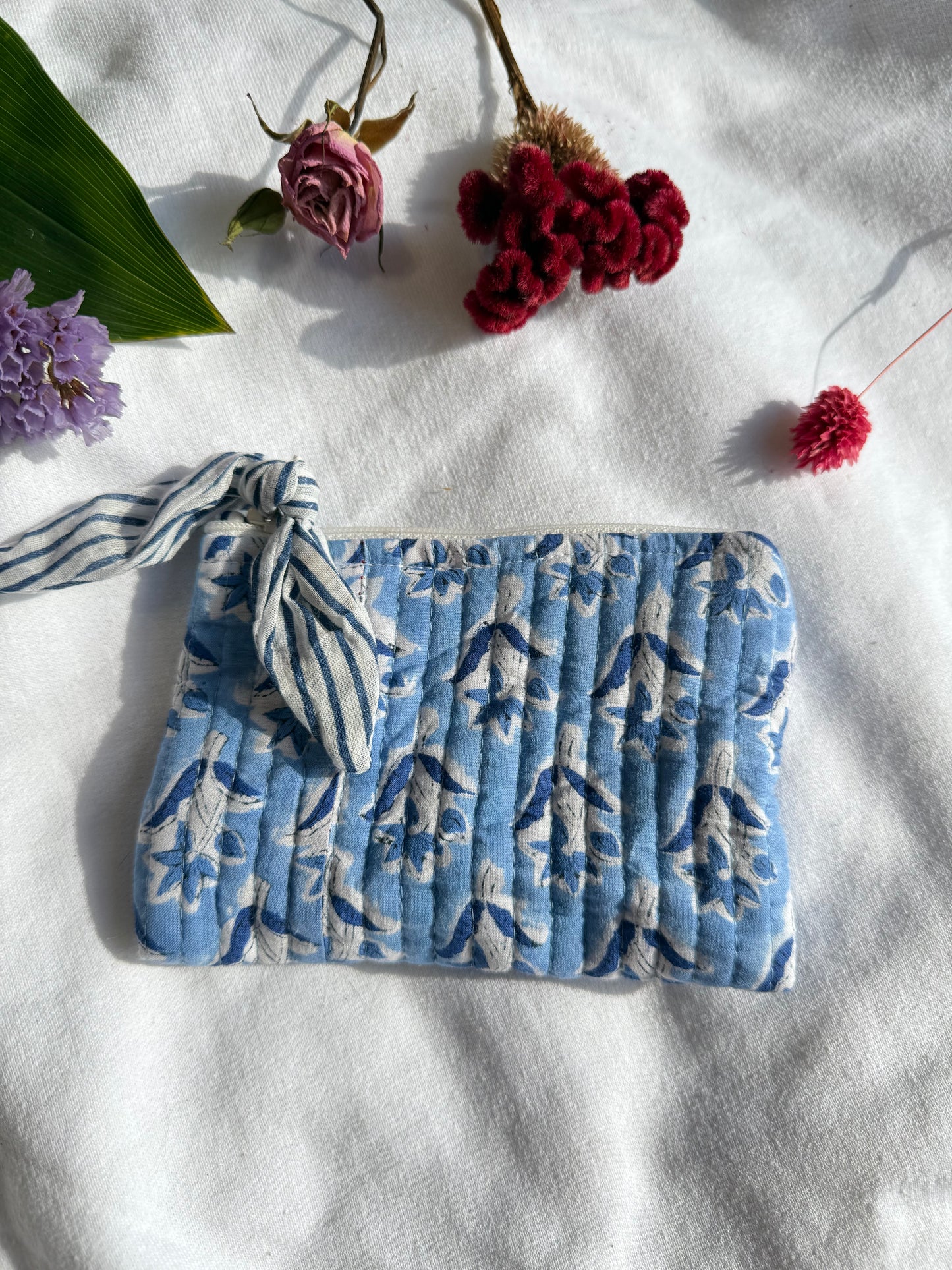 Blockprint quilted pouches with ribbon