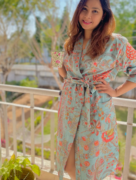 Handmade block printed waffle cotton bath robe