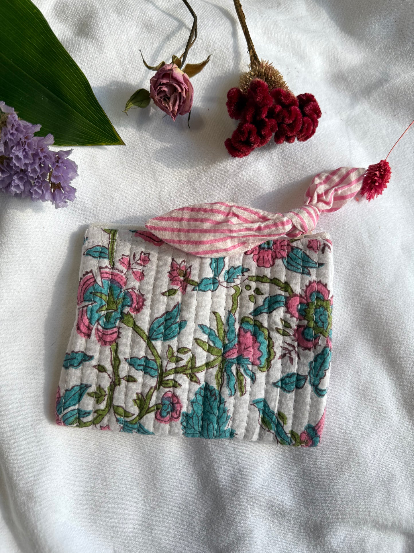 Blockprint quilted pouches with ribbon