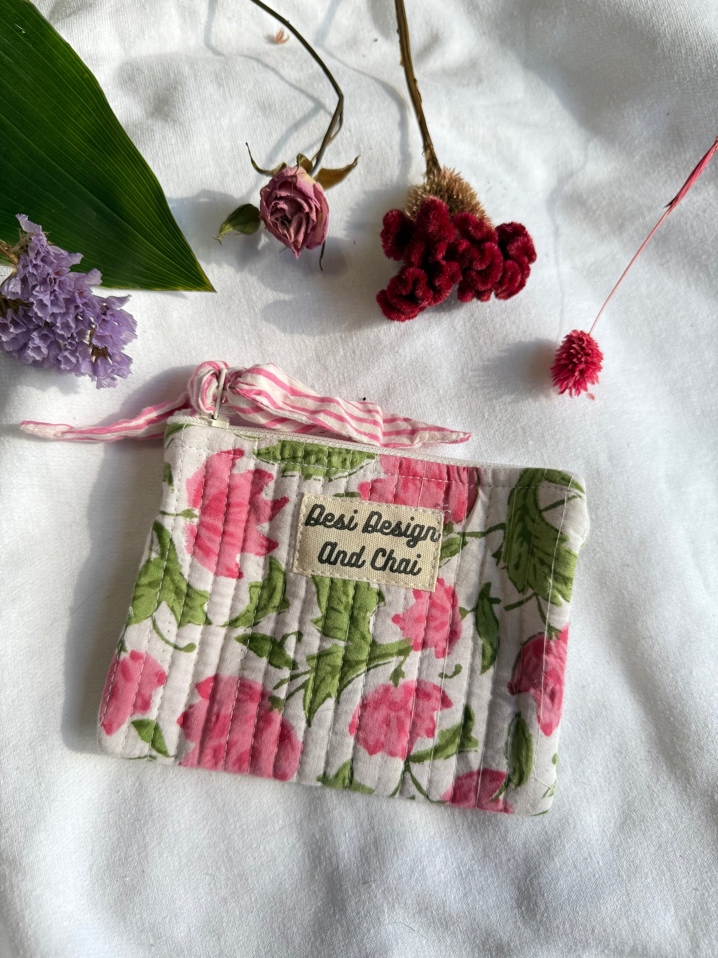 Blockprint quilted pouches with ribbon