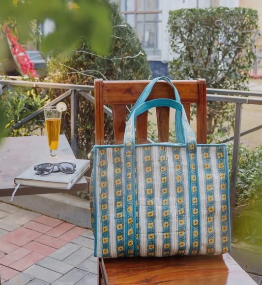 Handmade block printed, quilted tote bags
