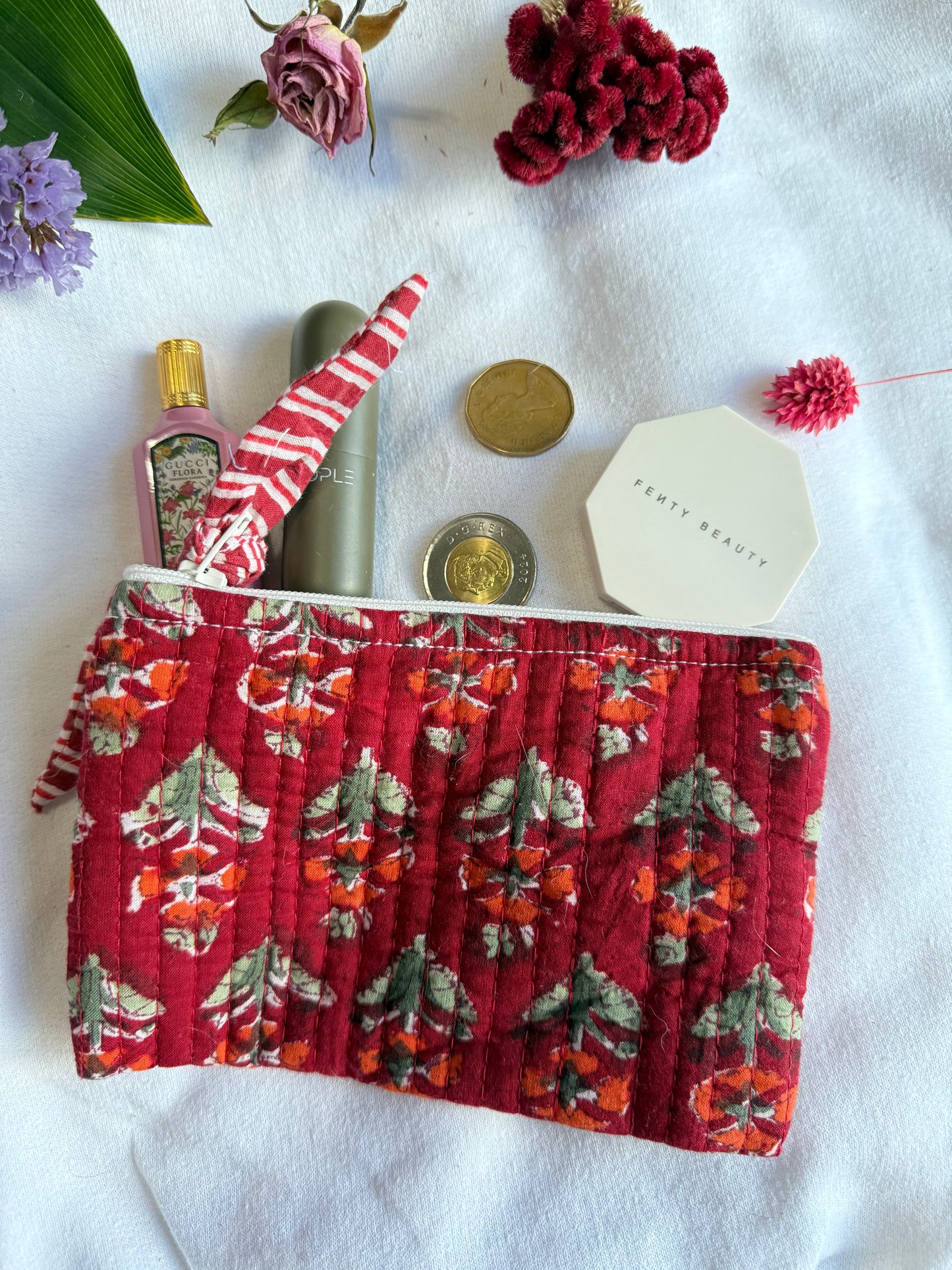 Blockprint quilted pouches with ribbon
