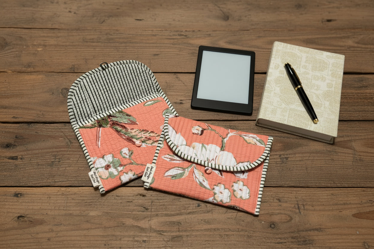 Blockprint ebook reader, journal, keys and accessories button pouch / sleeve