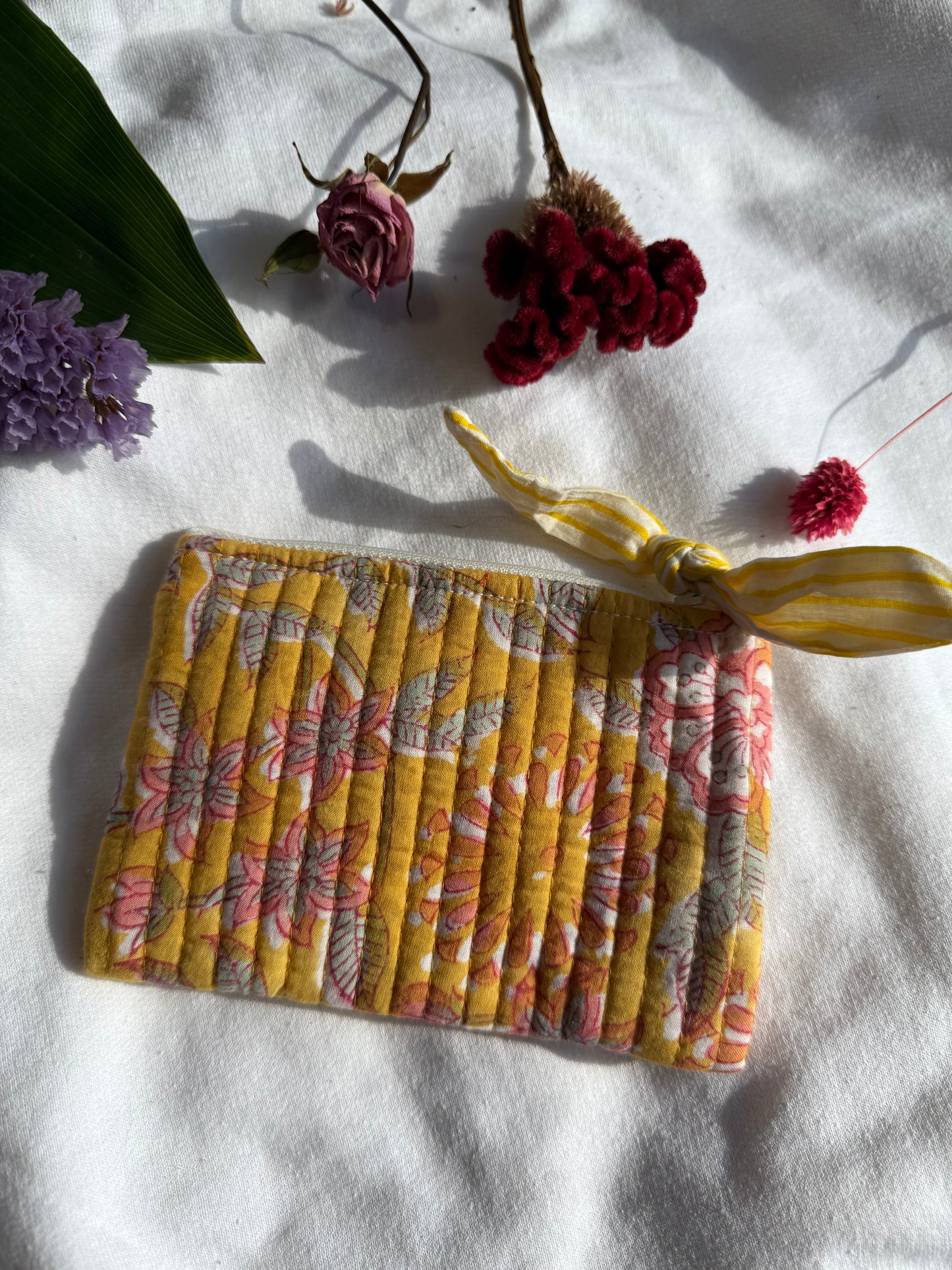 Blockprint quilted pouches with ribbon