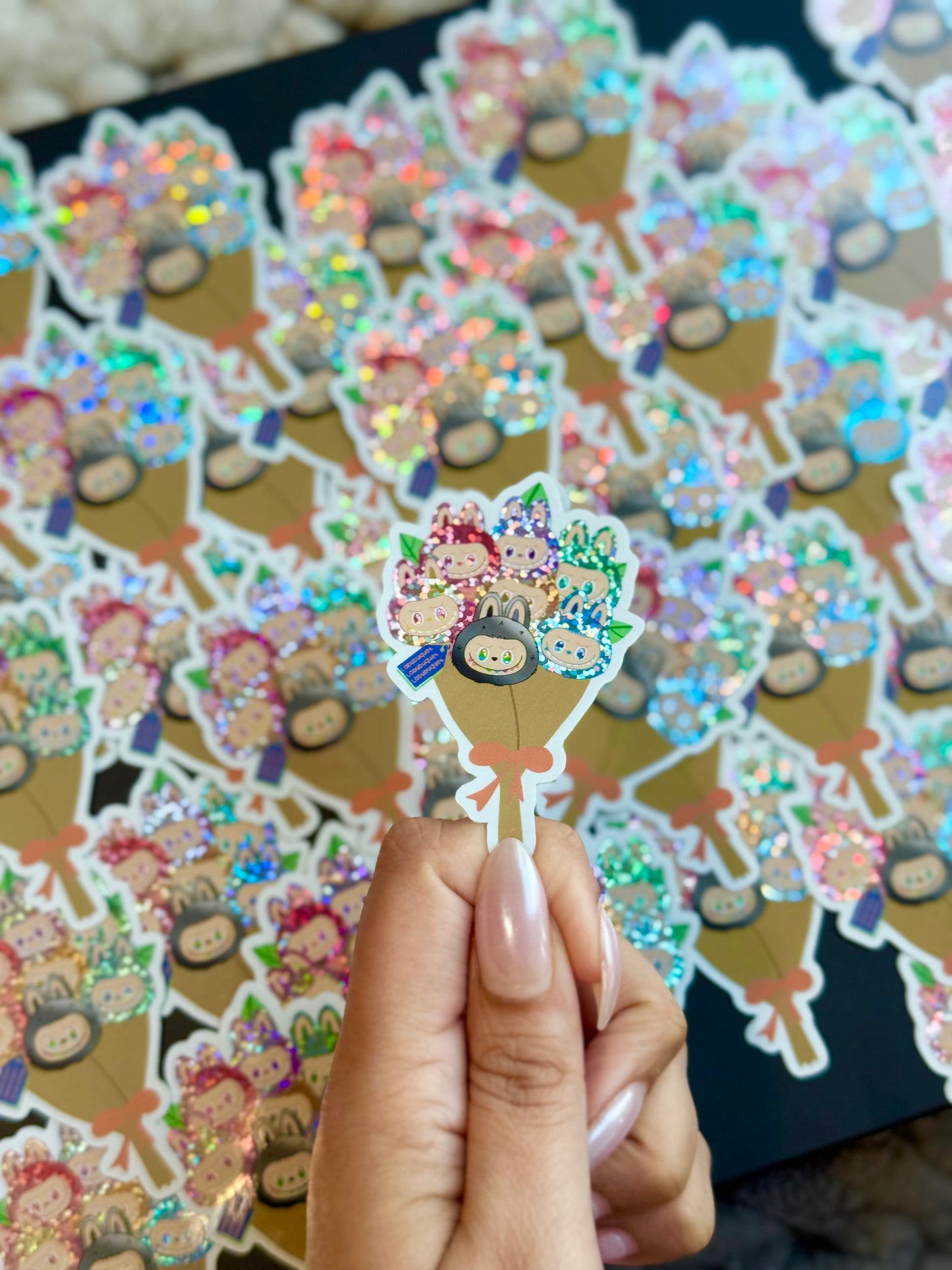 Labubu glitter bouquet-  Vinyl Sticker