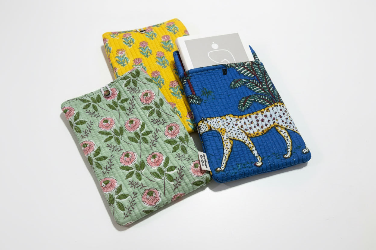Blockprint book sleeve, journal, keys and accessories button pouch / sleeve