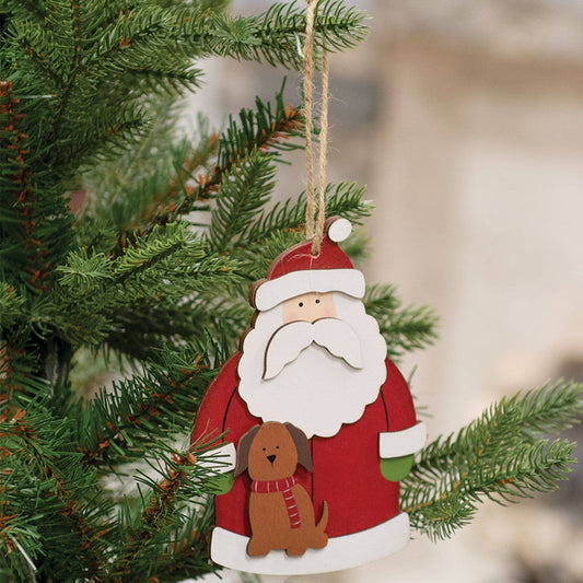 Santa With Dog Wooden Christmas Ornament