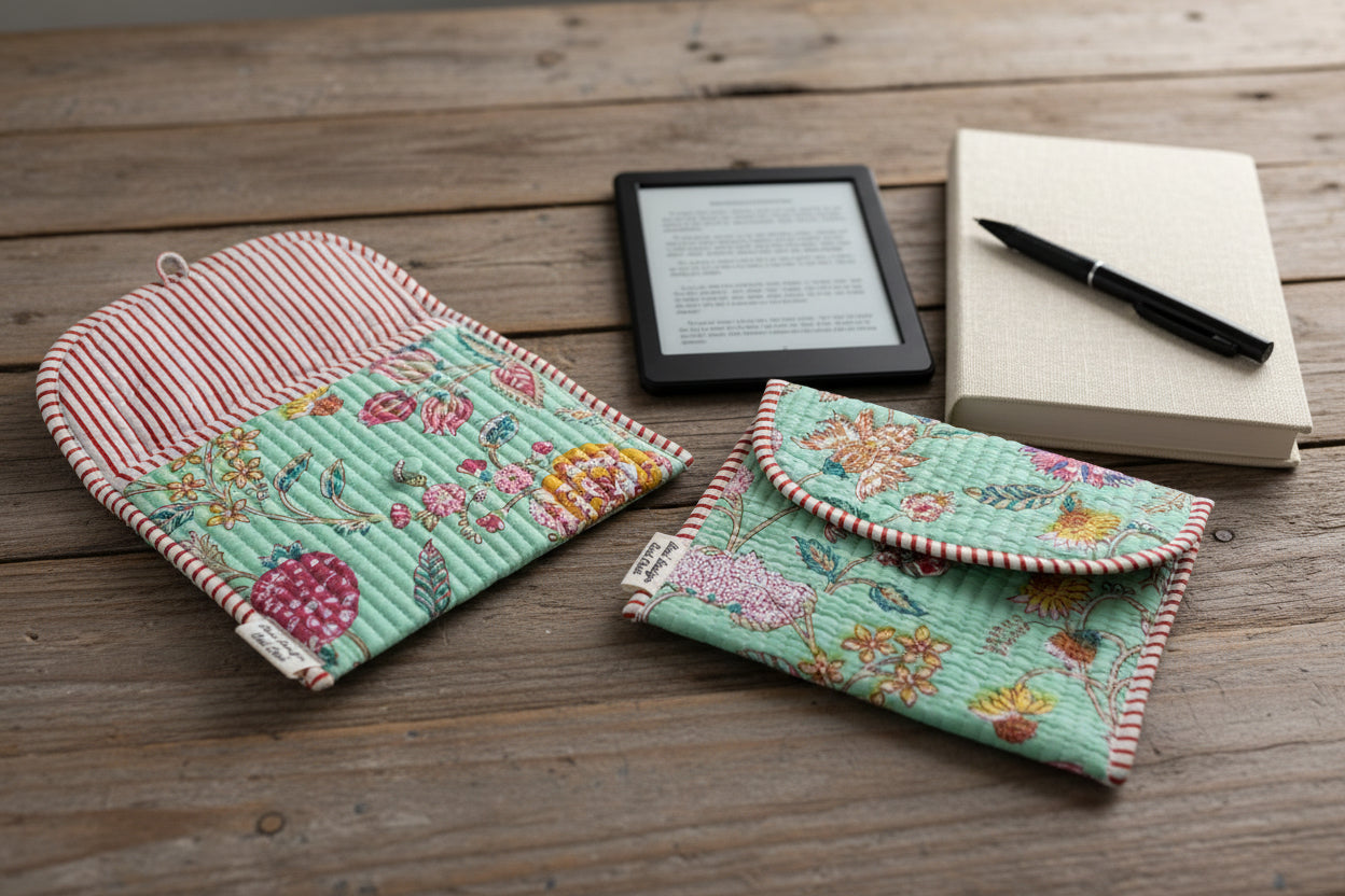 Blockprint ebook reader, journal, keys and accessories button pouch / sleeve