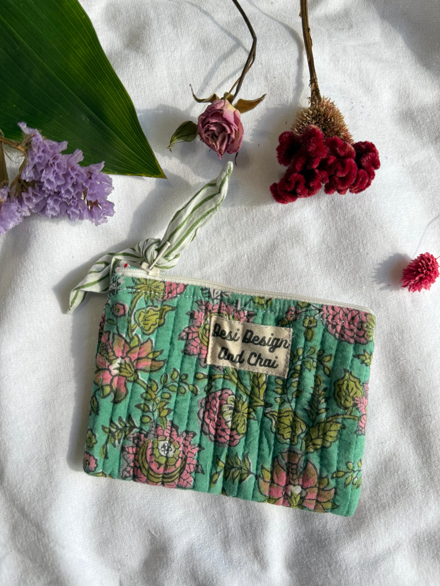 Blockprint quilted pouches with ribbon