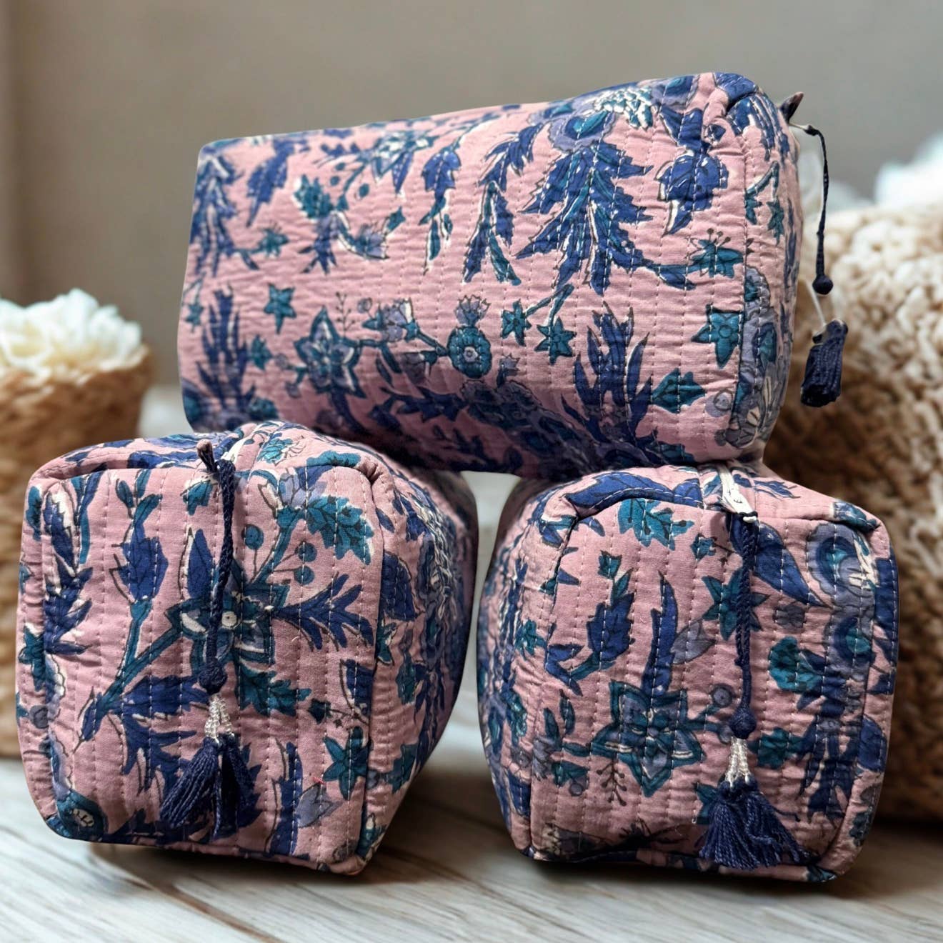 Handmade and block printed toiletry bag/pouches