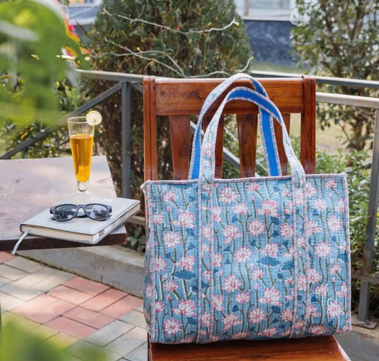 Handmade block printed, quilted tote bags
