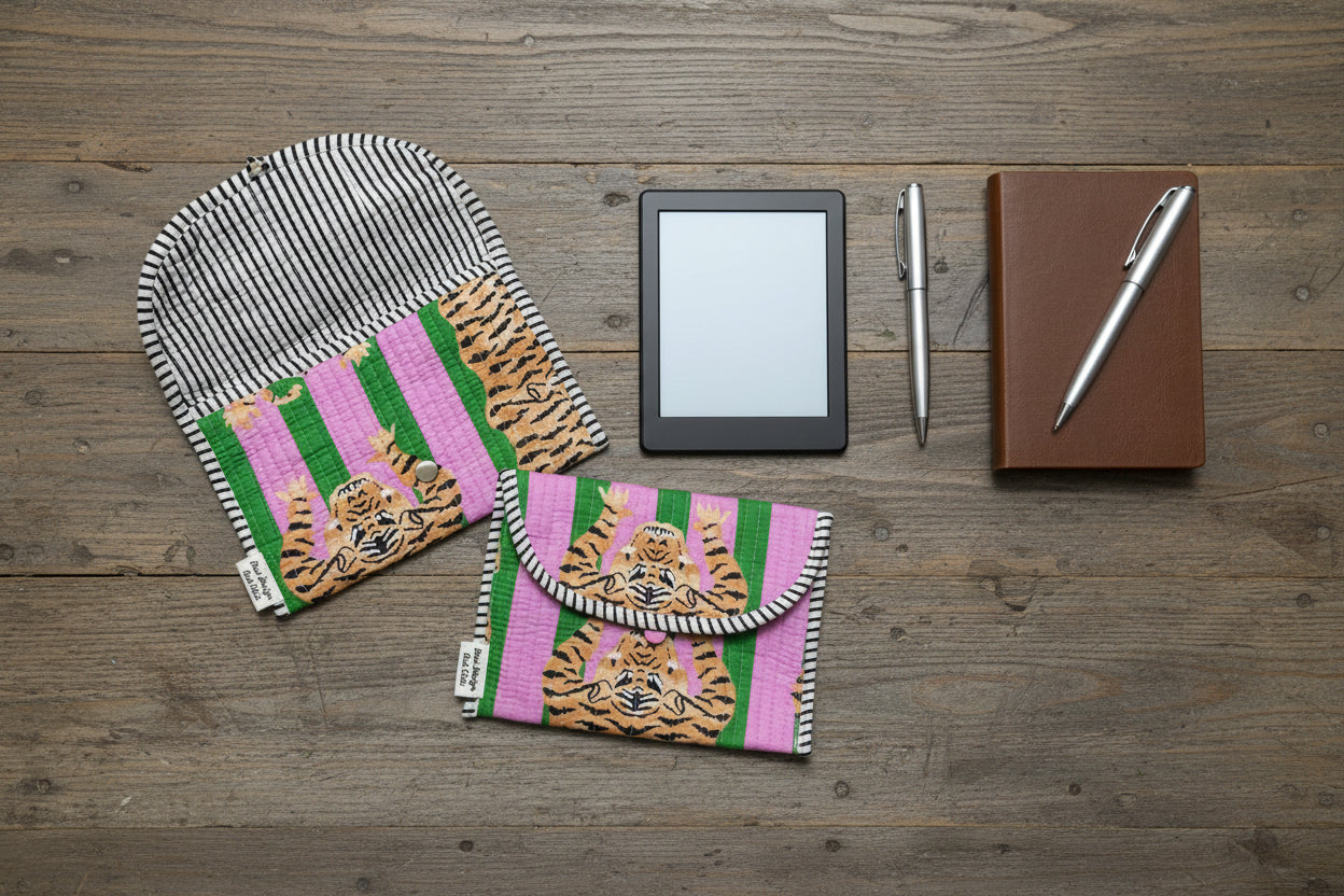 Blockprint ebook reader, journal, keys and accessories button pouch / sleeve