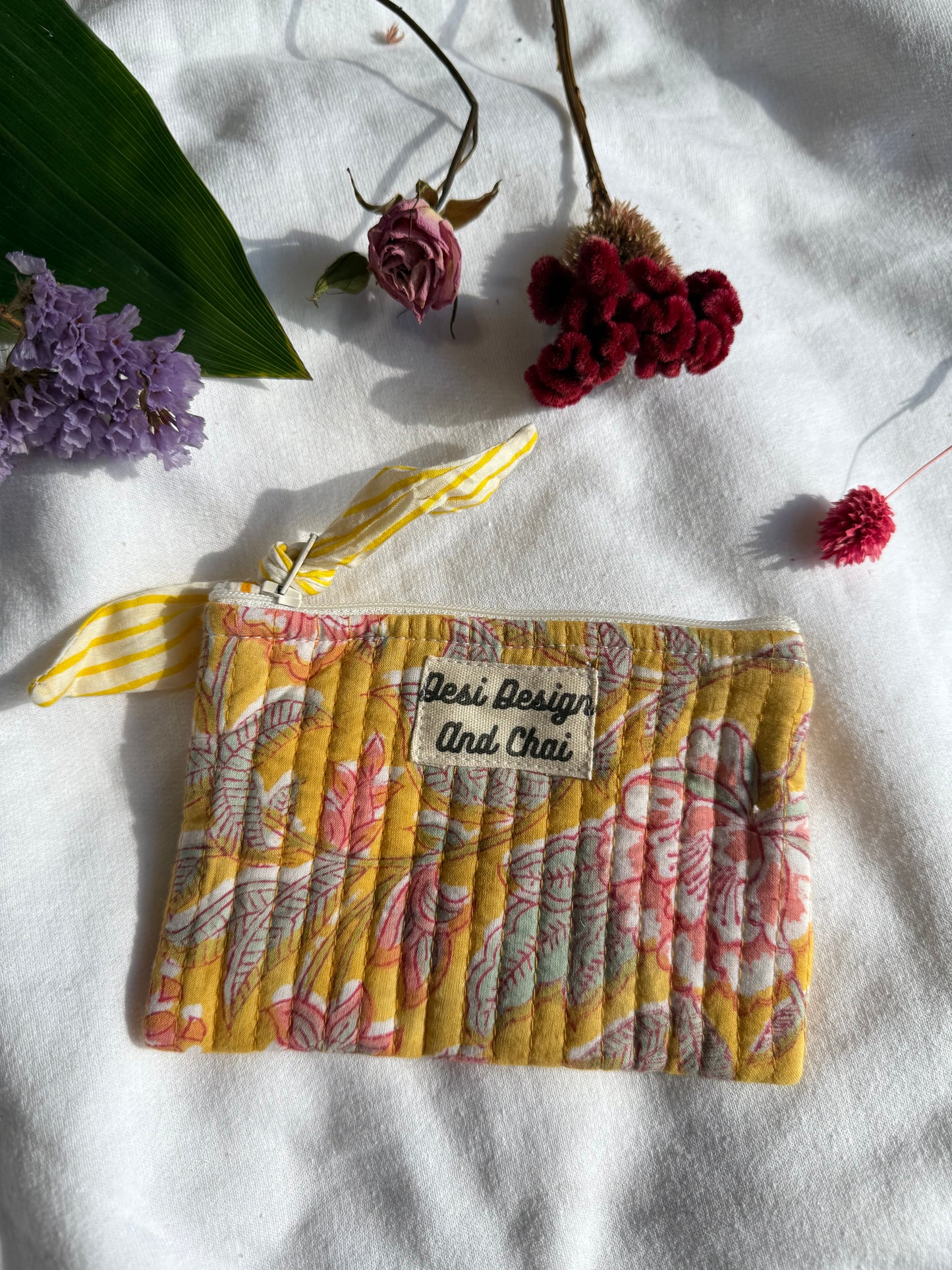 Blockprint quilted pouches with ribbon