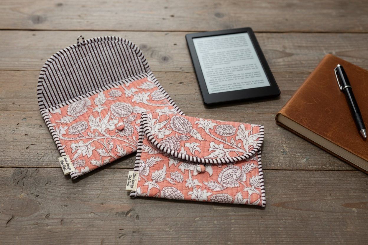 Blockprint ebook reader, journal, keys and accessories button pouch / sleeve