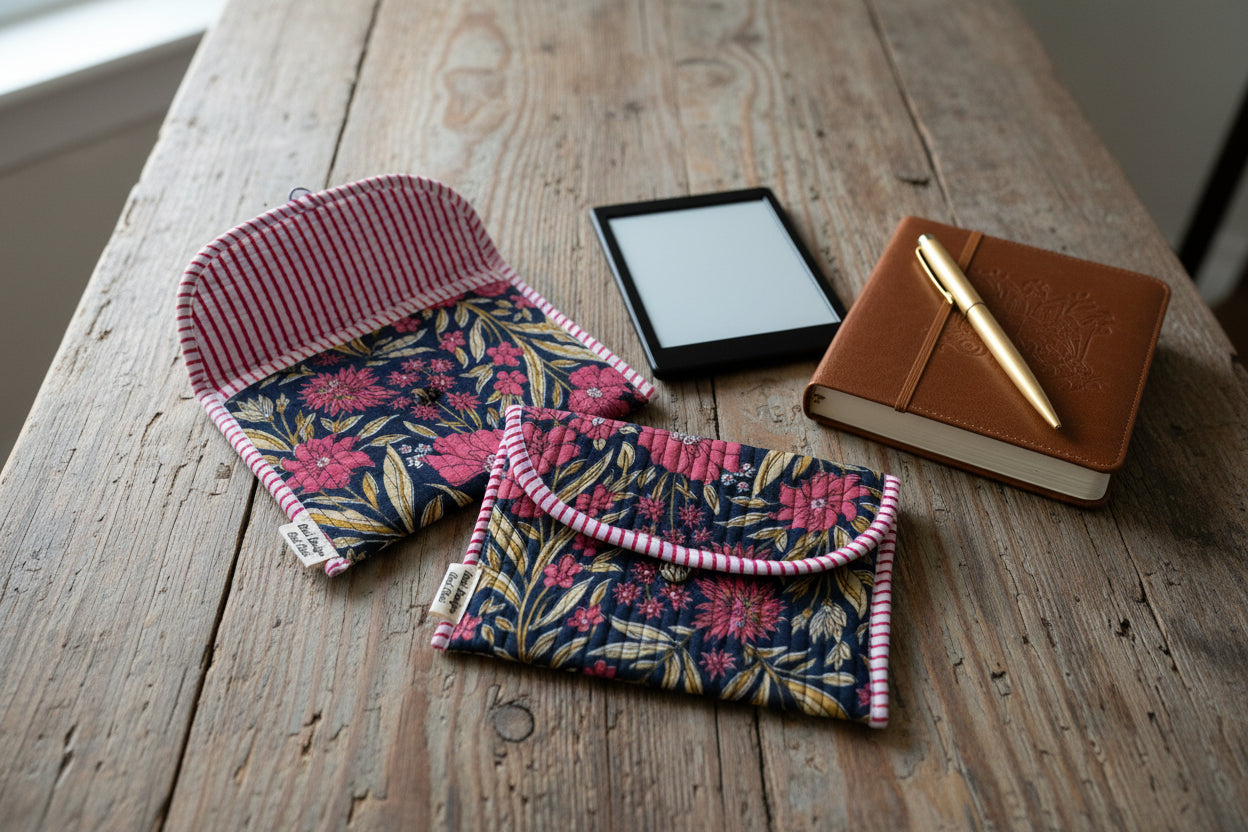 Blockprint ebook reader, journal, keys and accessories button pouch / sleeve