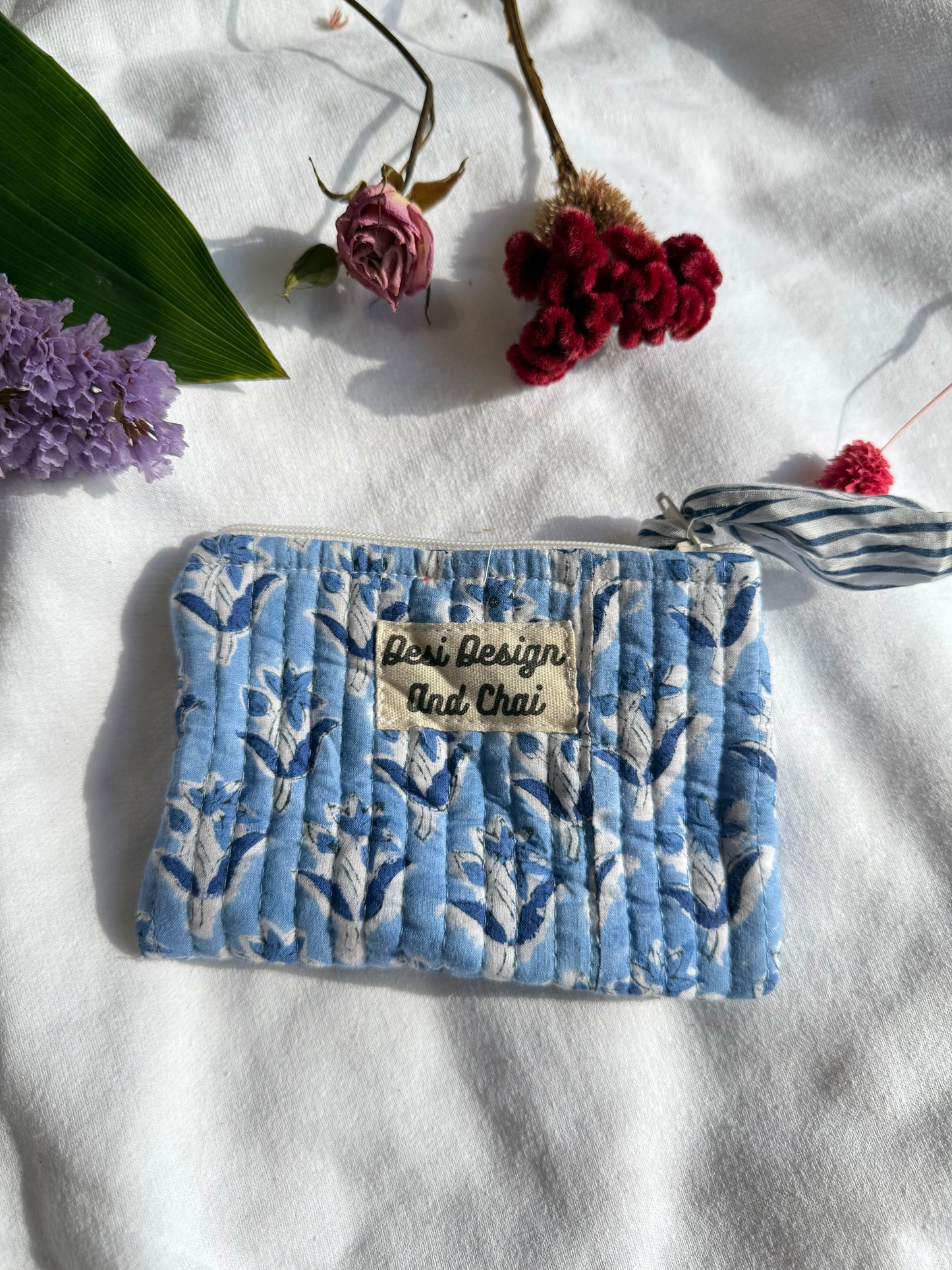 Blockprint quilted pouches with ribbon