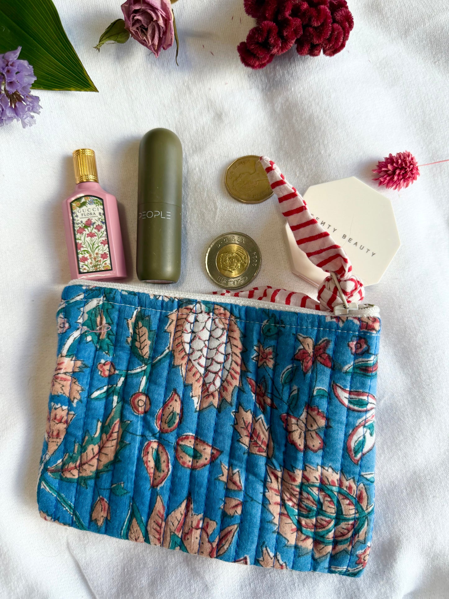 Blockprint quilted pouches with ribbon