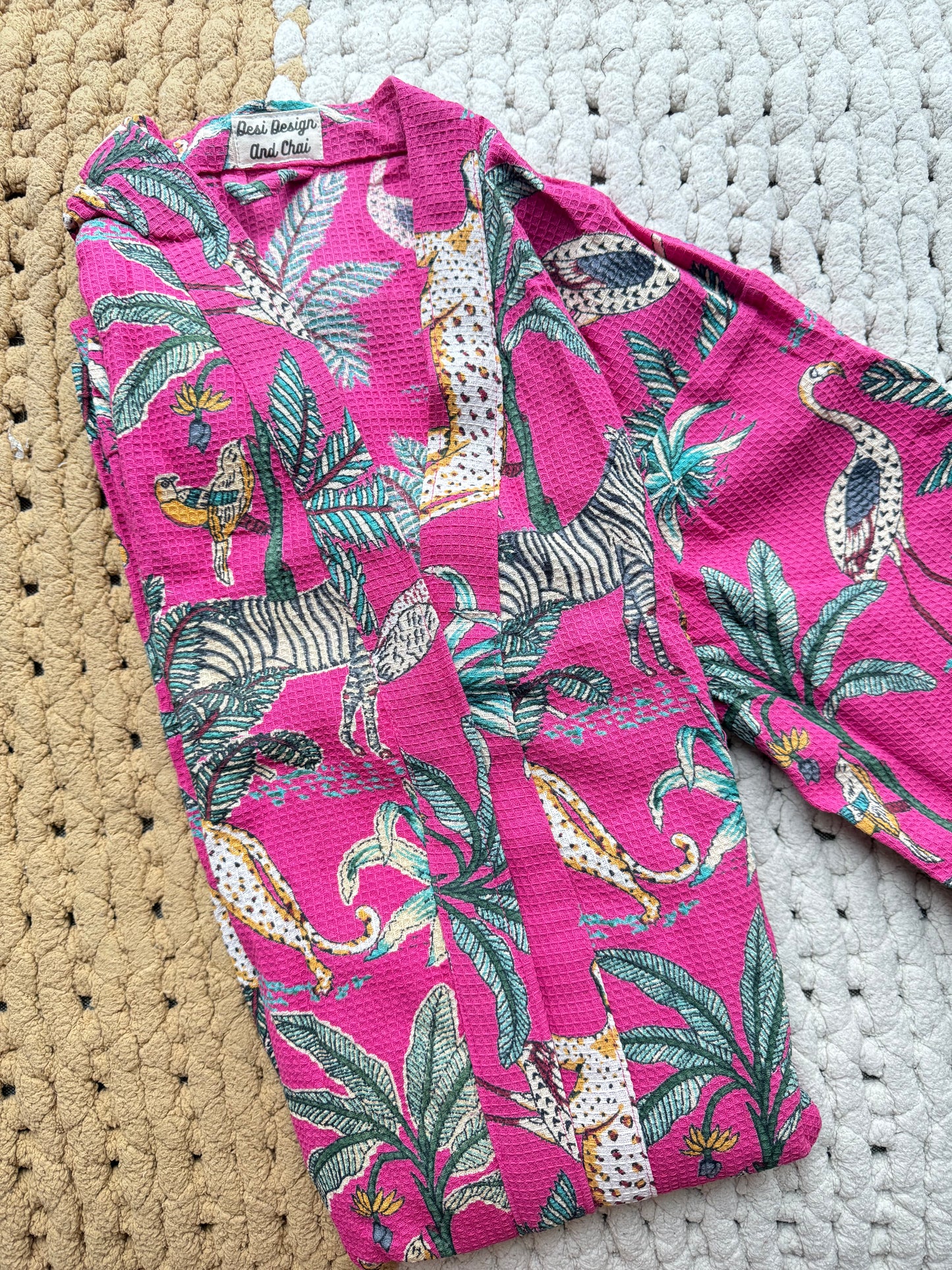 Handmade block printed waffle cotton bath robe