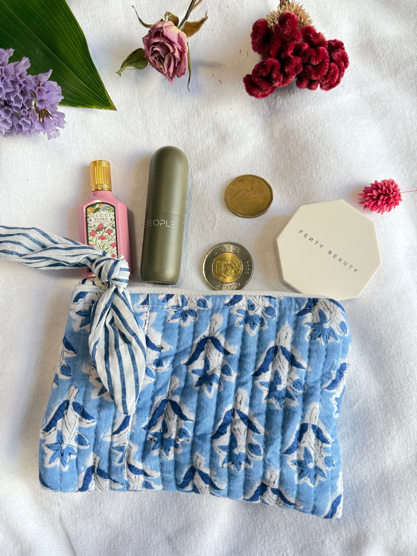Blockprint quilted pouches with ribbon