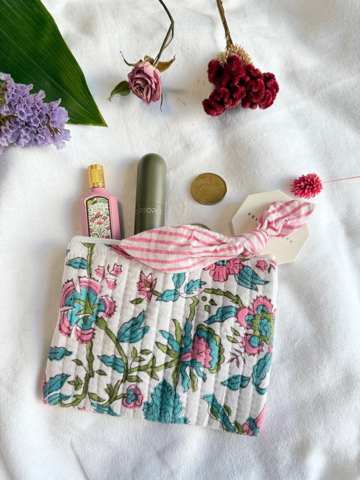 Blockprint quilted pouches with ribbon