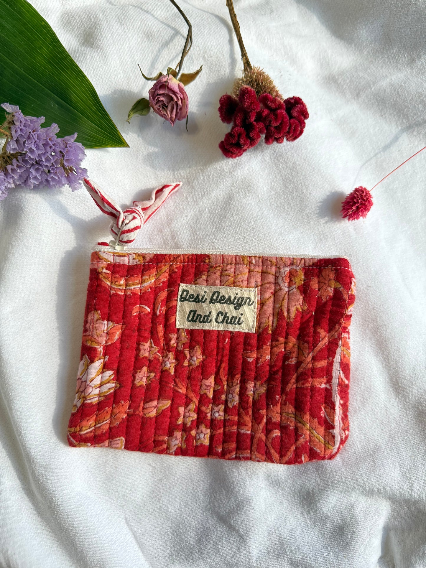 Blockprint quilted pouches with ribbon