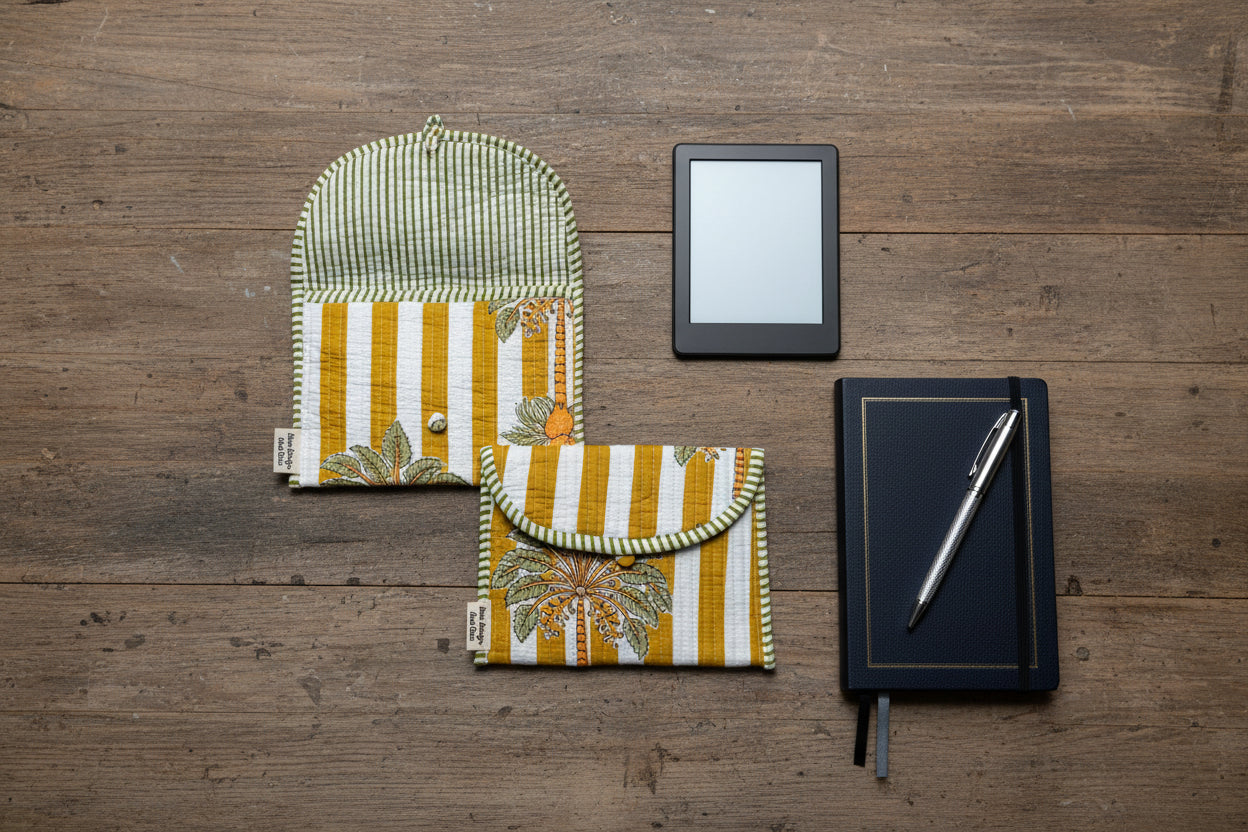 Blockprint ebook reader, journal, keys and accessories button pouch / sleeve