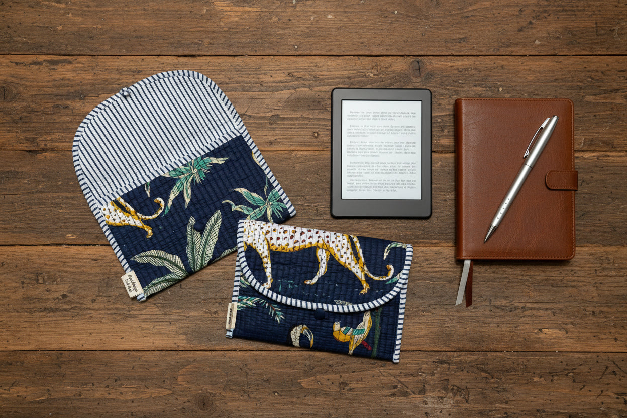 Blockprint ebook reader, journal, keys and accessories button pouch / sleeve