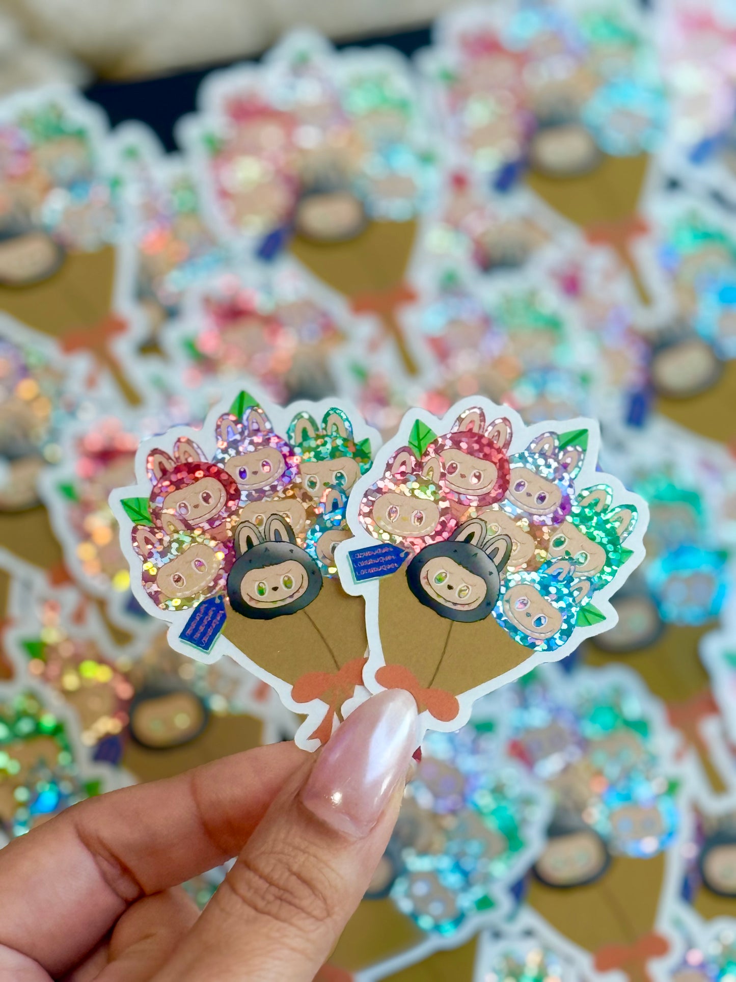 Labubu glitter bouquet-  Vinyl Sticker